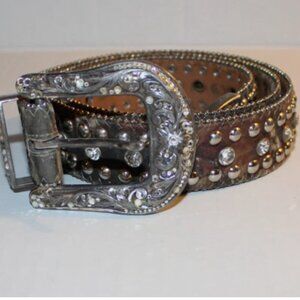 Nocona Studded Western Belt Rhinestone & Camo Inlay USA Sz L 47" x 1.5" Cowgirl